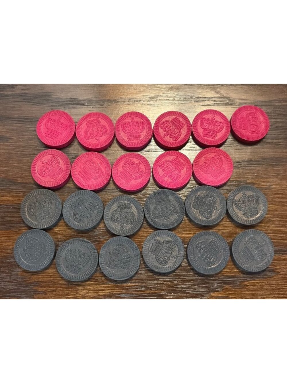 Vintage Japanese Crown-Themed Checker Pieces 3/4" Red & Black - Hal-sam Style